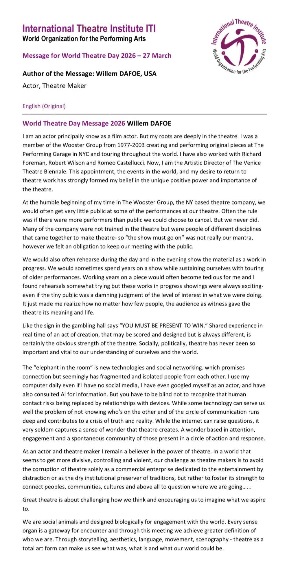 2026世界戲劇日｜威廉·達福：以戲劇描摹心之所向的未來